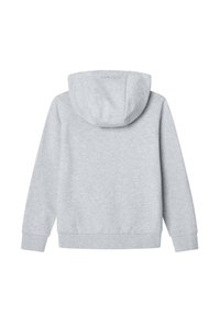Felpa grigia chiara con cappuccio realizzata in tessuto morbido. Presenta una tasca a marsupio, polsini e orlo a costine, con una superficie liscia e design con cappuccio.