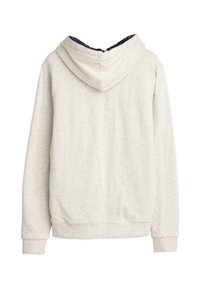 Lichtgrijze hoodie met een zachte textuur, voorzien van een marineblauwe gevoerde capuchon, geribbelde manchetten en een casual pasvorm, ontworpen voor comfort en warmte.