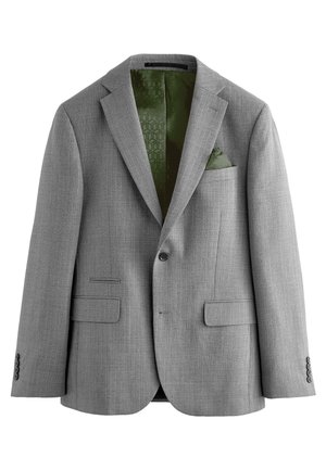 Grå blazer lavet af tekstureret stof med et grønt mønstret foer, lommetørklæde og to forlommer med enkelt knaplukning.