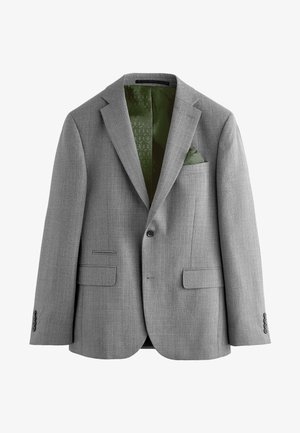 Blazer grigio realizzato in tessuto strutturato, con fodera verde a motivo, fazzoletto da taschino e due tasche frontali con chiusura a singolo bottone.