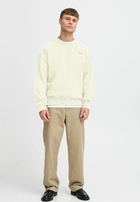 Light green sweatshirt with a round neck and dropped shoulders, paired with beige trousers. Simple design, no visible patterns or graphics.