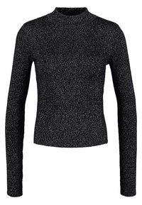 Black long-sleeve fitted sweater with high neckline and silver glittery speckled pattern throughout.