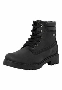 Svarta ankellånga stövlar i läder, med rund tå, vadderad krage, textilsnören, metallhål och en mönstrad gummisula.