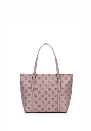 Levandulová taška přes rameno se dvěma nastavitelnými uchy a přední kapsou, zdobená malými geometrickými a květinovými vzory.