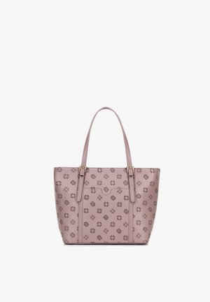 Bolsa de mano lavanda con dos asas ajustables y un bolsillo frontal, decorada con pequeños patrones geométricos y florales.