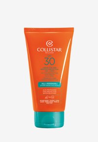 Pomarańczowa tuba kremu przeciwsłonecznego Collistar SPF 30 z turkusową podstawą. Zawiera szczegóły produktu napisane białym i turkusowym kolorem. Wodoodporny, odpowiedni do wrażliwej skóry.