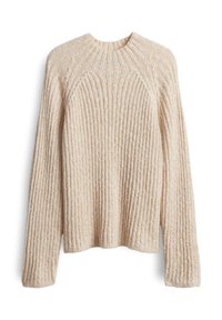 Beige gebreide trui met geribbelde textuur, ronde halslijn en verlaagde schouders. Zachte garen heeft subtiele spikkels voor extra detail.