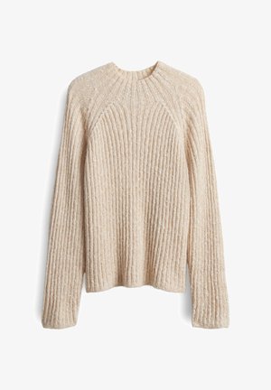Beige knitted sweater with ribbed texture, round neckline, and dropped shoulders. Soft yarn features subtle flecks for added detail.