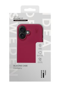 Hülle für iPhone 17 aus Cranberry-Silikon mit abgerundeten Ecken, Aussparung für Dual-Kamera und MagSafe-Kompatibilität; verpackt in weißer Schachtel mit Text.