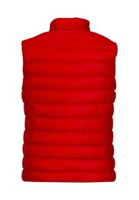 Rote Puffer-Weste mit hohem Kragen, ausgestattet mit gesteppeten Paneelen, einer glatten Textur und einer taillierten Silhouette. Keine sichtbaren Beschläge oder Markenlogos.