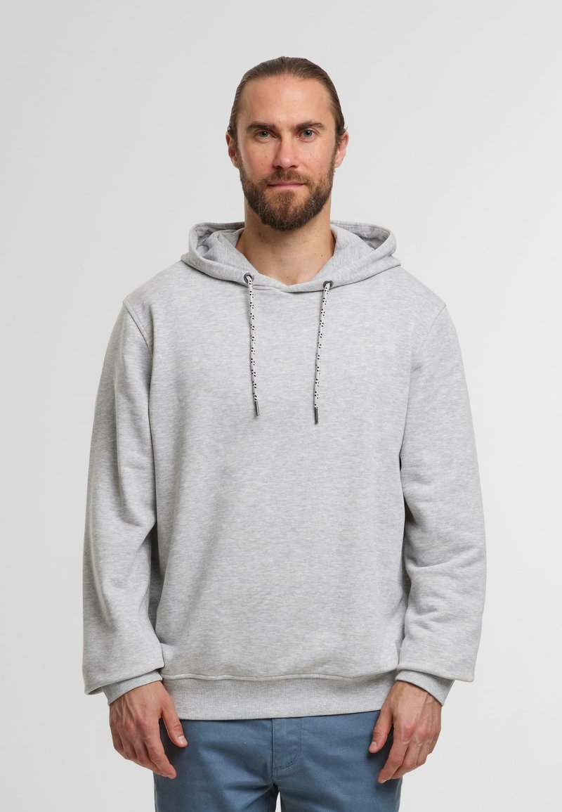 Hellgrauer Hoodie aus Baumwollmischung, mit Kapuze und Kordelzug, langen Ärmeln sowie ribbed Bündchen und Saum. Sanfte Textur, lässiges Design.