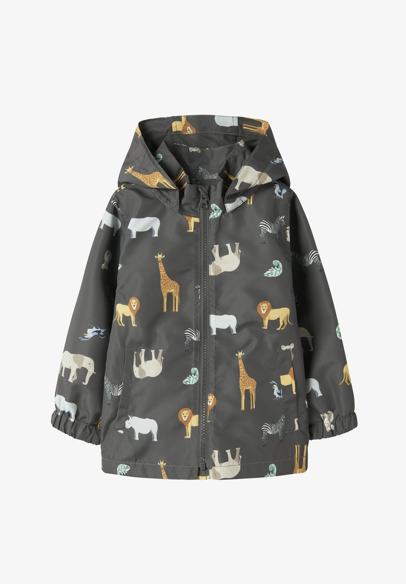 Chaqueta impermeable con capucha para niños en gris oscuro con cremallera, con ilustraciones coloridas de leones, jirafas, cebras, elefantes y otros animales.