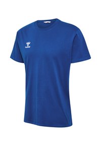 Blaues T-Shirt mit kurzen Ärmeln und Rundhalsausschnitt mit weißem hummel-Logo auf der linken Brust, vor weißem Hintergrund.