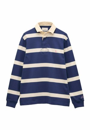Langärmeliges Rugbyshirt in Marineblau und Weiß mit horizontalen Streifen, beigem Kragen und Knopfleiste, gerippten Bündchen und kleinem Logo auf dem Ärmel.
