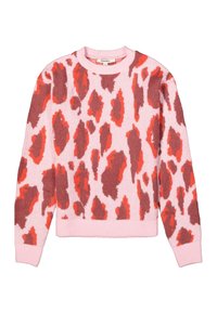 Suéter rosa con un patrón de leopardo en rojo oscuro y coral. Fabricado en un suave material de punto con puños y dobladillo acanalados.