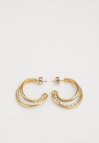 Gold hoop earrings with a curved design, featuring a row of small white pearls and clear gems along the lower edge.