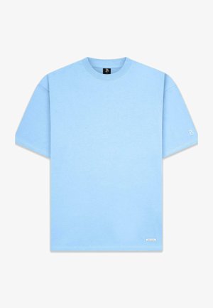 Light blue cotton T-shirt with a crew neckline. Short sleeves, straight hem, and a small logo stitched on the left sleeve.