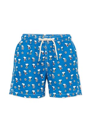 Blauwe zwemshorts voor kinderen met een elastische taille en witte veter, met een herhalend patroon van Snoopy en voetbal.