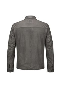 Graue Lederjacke mit glatter Oberfläche, Kragen-Design, langen Ärmeln und geknöpften Manschetten. Verfügt über eine Rückenpasse und ein Markenlabel.