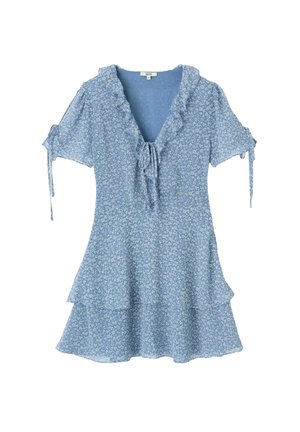 Robe bleue à motifs floraux avec un décolleté à volants et des manches courtes, dotée d'une fermeture à nouer sur le devant et d'un design de jupe à volants. Tissu léger.