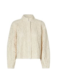 Jacket iz kremne barve z čipkastim vzorcem, ki ima stoječ ovratnik, zapleteno cvetlične vzorce in sproščen kroj. Ima dolge rokave in sprednje zapiranje.