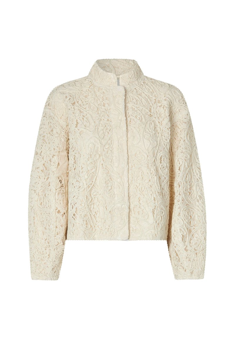 Jacket iz kremne barve z čipkastim vzorcem, ki ima stoječ ovratnik, zapleteno cvetlične vzorce in sproščen kroj. Ima dolge rokave in sprednje zapiranje.