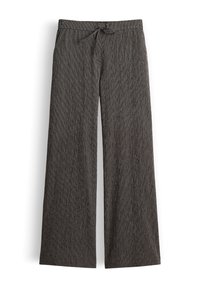 Dark gray wide-leg pants with subtle vertical texture, elastic waistband, and front drawstring tie, laid flat on a white background.