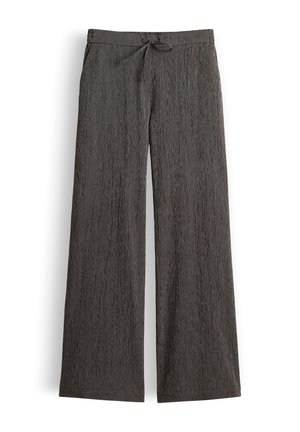 Dark gray wide-leg pants with subtle vertical texture, elastic waistband, and front drawstring tie, laid flat on a white background.