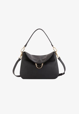 Sac à main en cuir noir avec un design structuré, accents en métal doré, rabat pliable et bandoulière amovible.
