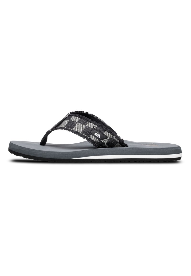 Mustavalkoinen ruudullinen flip-flop, jossa on teksturoitu hihna, kumipohja ja valkoinen korostusviiva. Kevyt muotoilu rentoon käyttöön.