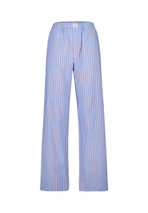 Pantalones de pijama azules con rayas verticales rojas y blancas, una cintura elástica y un cierre de dos botones.