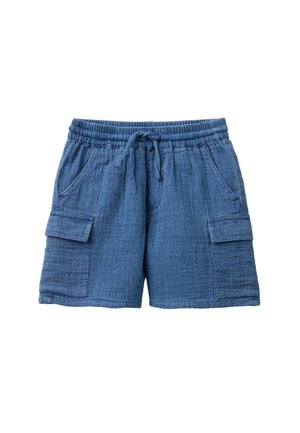 Pantalones cortos de algodón azules con cordón, cintura elástica, dos bolsillos laterales y dos grandes bolsillos cargo.