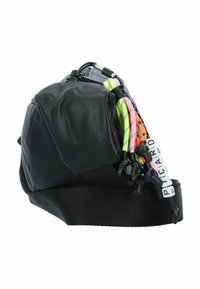 Black leather bag with a rounded shape, featuring colorful cord accents in pink, green, and orange, and a black fabric strap.