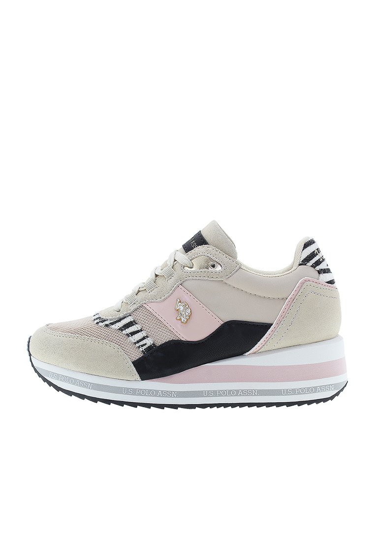 Beige und schwarze Wildledersneaker mit pinken Akzenten, gestreiften Details, Schnürdesign und einer soliden weißen Gummisohle mit Branding.