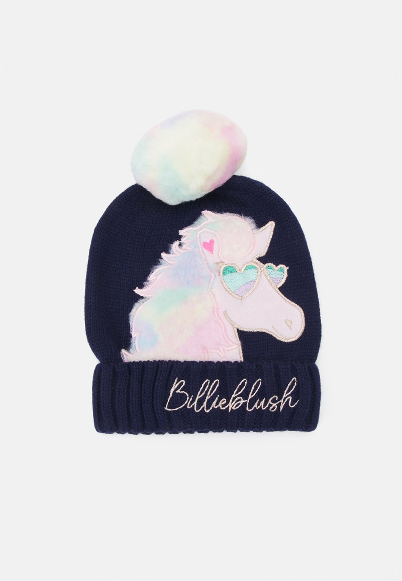 Knit beanie in navy with a fluffy pastel pom-pom. Features an embroidered unicorn with heart-shaped glasses and "Billieblush" stitching.