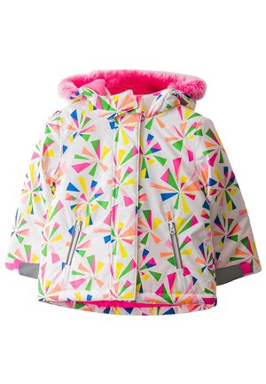 Veste d'hiver blanche pour enfants avec des motifs géométriques colorés, doublure de capuche en fausse fourrure rose et poches avant zippées.