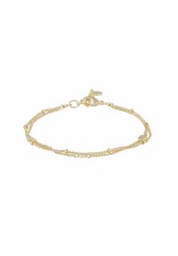 Guldtonad armband med en delikat kedjedesign som har små runda pärlor och ett klämma i form av en hummer; slät yta, lättviktig look.