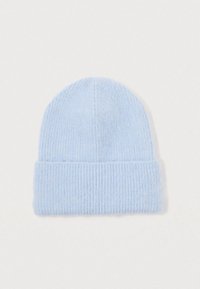 Light blue knitted woolen beanie with folded cuff, displayed flat on a light background.