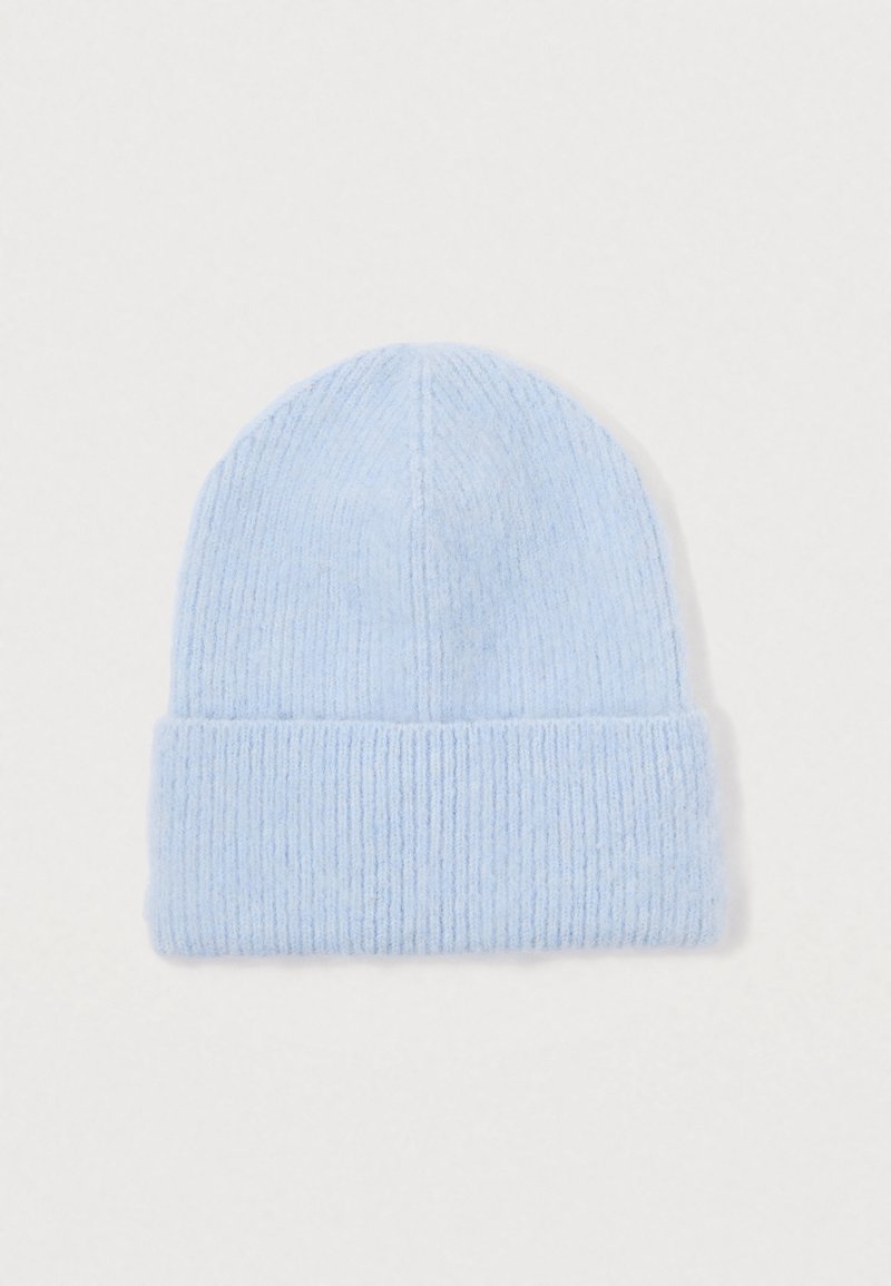 Light blue knitted woolen beanie with folded cuff, displayed flat on a light background.