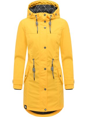 Long manteau imperméable jaune avec capuche, cordons noirs et blancs, boutons sur le devant, poches latérales et poignets réglables.