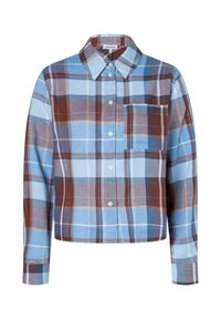 Gekürzte Hemdbluse im blau-braun-weißen Karomuster. Sie verfügt über lange Ärmel, einen Kragen und eine Tasche auf der linken Brust.