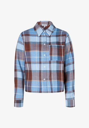 Gekürzte Hemdbluse im blau-braun-weißen Karomuster. Sie verfügt über lange Ärmel, einen Kragen und eine Tasche auf der linken Brust.