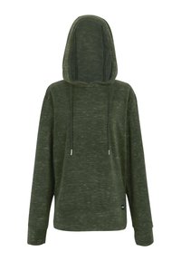 Sweat à capuche vert foncé avec manches longues, cordons réglables et texture chinée subtile.
