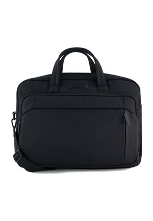 Zwarte stoffen laptoptas met dubbele handvatten, ritsvak aan de voorkant en verstelbare schouderriem op een witte achtergrond.