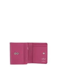 Portefeuille en cuir rose ouvert montrant les emplacements pour cartes, les fermetures à bouton-pression et le marquage de sécurité RFID du côté droit.