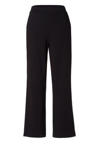 Pantalones negros de pierna ancha hechos de una tela suave y elástica. Cuentan con una cinturilla elástica para mayor comodidad. Diseño simple, sin patrones ni adornos.