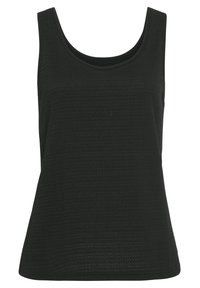 Zwarte tanktop van een gestructureerde stof, met brede schouderbanden en een ronde halslijn. Heeft een ontspannen pasvorm en een soepele, zachte afwerking.