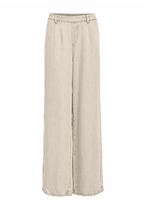 Pantalon beige taille haute à jambes larges avec passants de ceinture, détails de coutures avant, sans poches visibles, fabriqué dans un tissu doux.