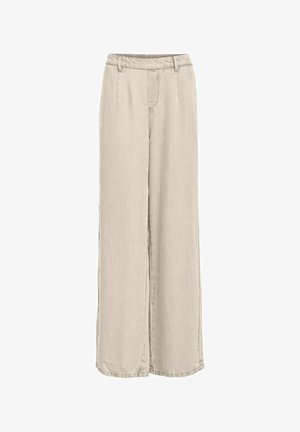 Pantaloni bej cu talie înaltă, croi larg, cu bucle pentru centură, detalii cu cusături frontale și fără buzunare vizibile, realizați dintr-un material moale.