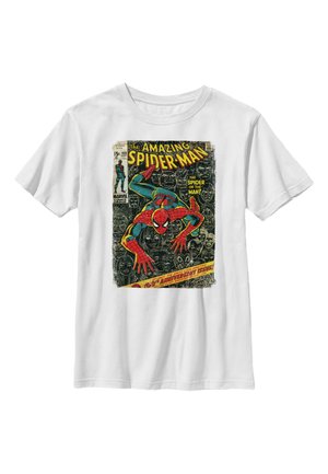 Hvid T-shirt med et vintage stil tegneseriecoverprint af Spider-Man i en knælt position på en sort baggrund med gul og rød tekst.